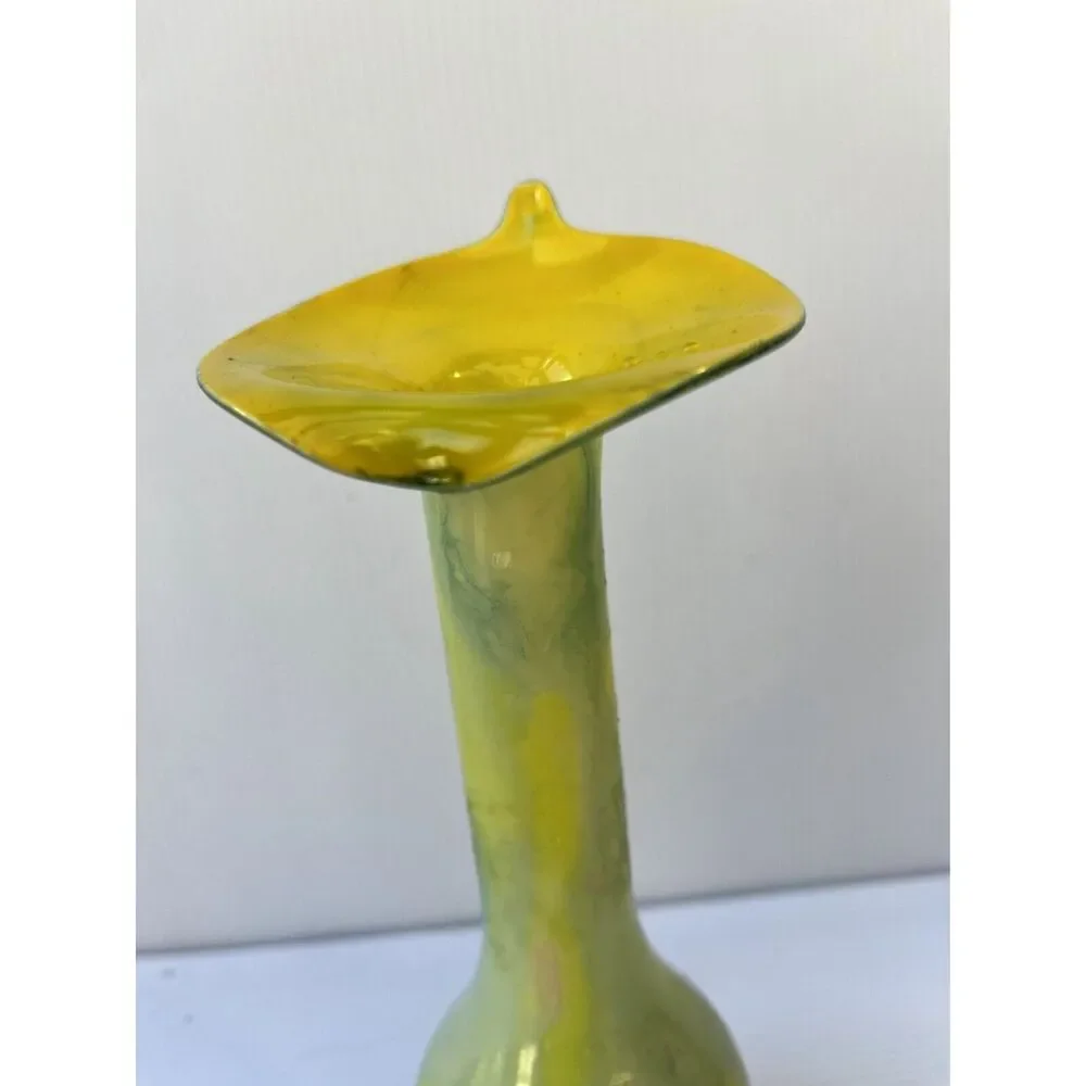 Bud Vase Jack in the Pulpit Vintage Yellow Green Hand Blown Art Glass